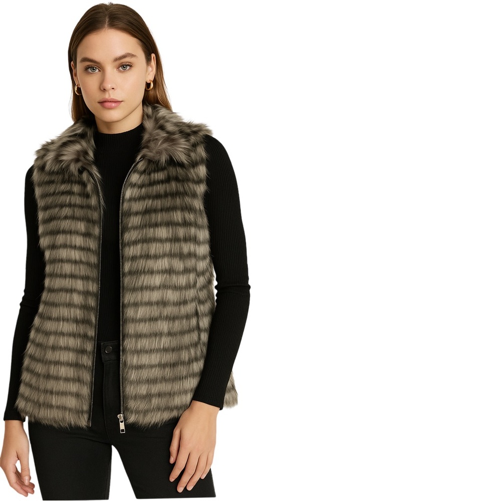 NWT Via Spiga Faux Fur Vest Gray Striped Size Large L – Trendy Outerwear Layer🔥